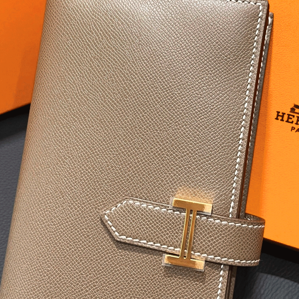 HERMES Béarn Long Wallet Etoupe Leather Gold Hardware Unisex
