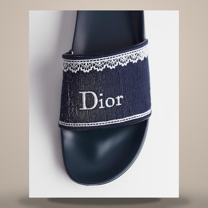 DIOR Navy Blue Slide Pumps White Lace Cotton Dior Oblique Embroid KCO671DET S32N