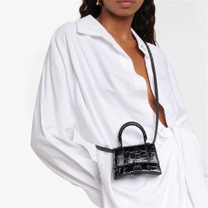 BALENCIAGA Hourglass Croc-Embossed Mini Tote Bag Black