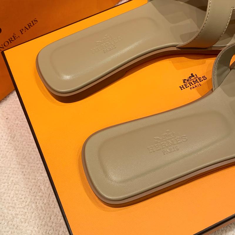 HERMES Oran Sandals Khaki Beige Calfskin Women