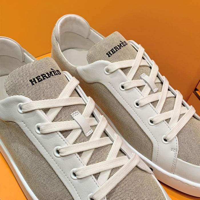 HERMES Brown Canvas Goatskin H Logo Kid Low Top Sneakers