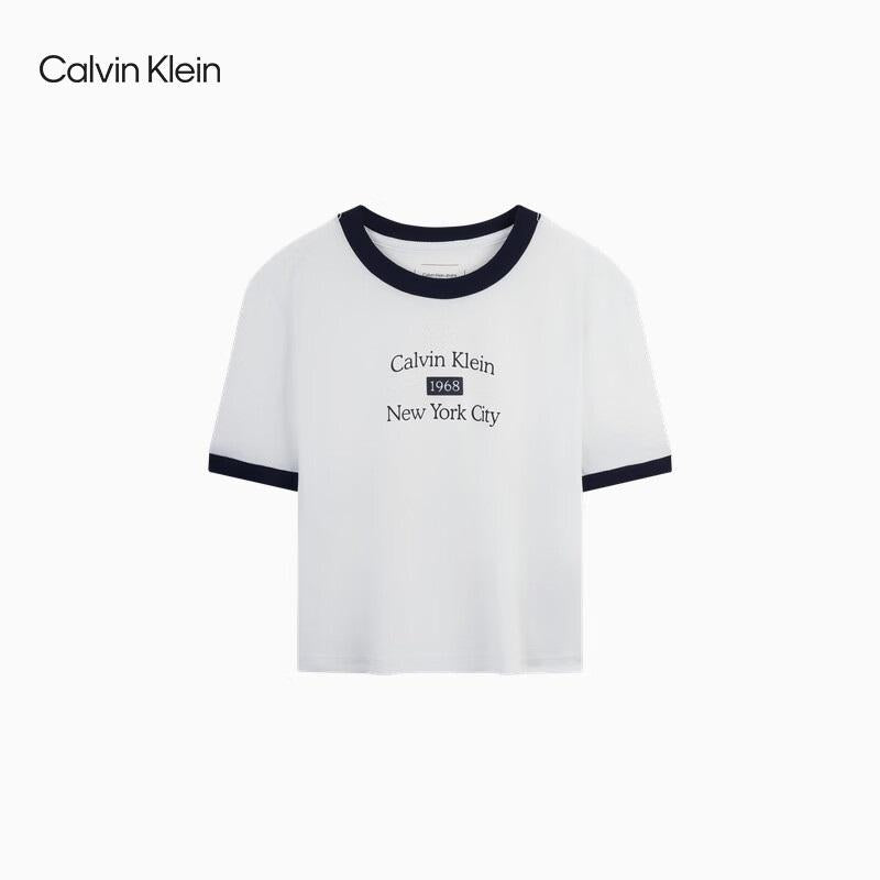 Calvin Klein Women’s Ringer Lettering Crop Short Sleeve T-Shirt White