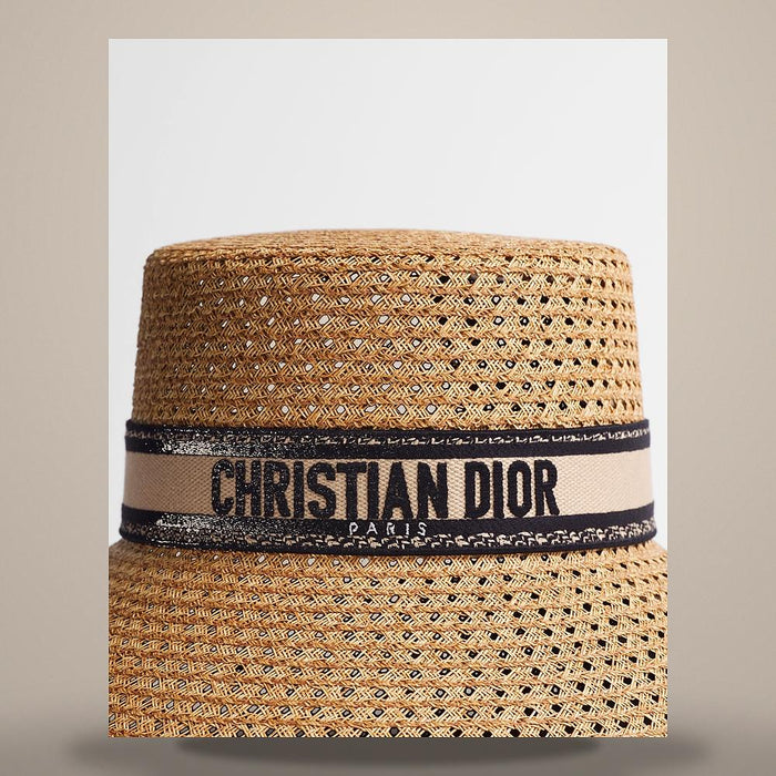 DIOR Beige Wide Brim Straw Cap with Black Embroidered Band