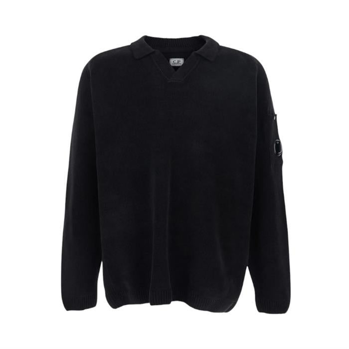 CP Company Black Cotton Chenille Polo Collar Sweater