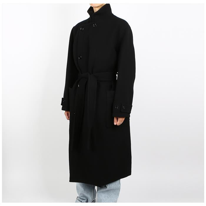 Lemaire Black Double-Breasted Wool Wrap Coat for Men LF1116BK999