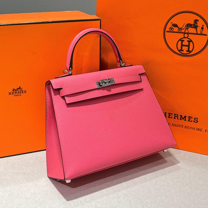 HERMES Kelly 25 Epsom Calfskin Shoulder Bag Pink Palladium Hardware