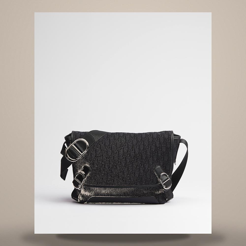 DIOR Black Oblique Jacquard Zipped Flap Messenger Bag Medium