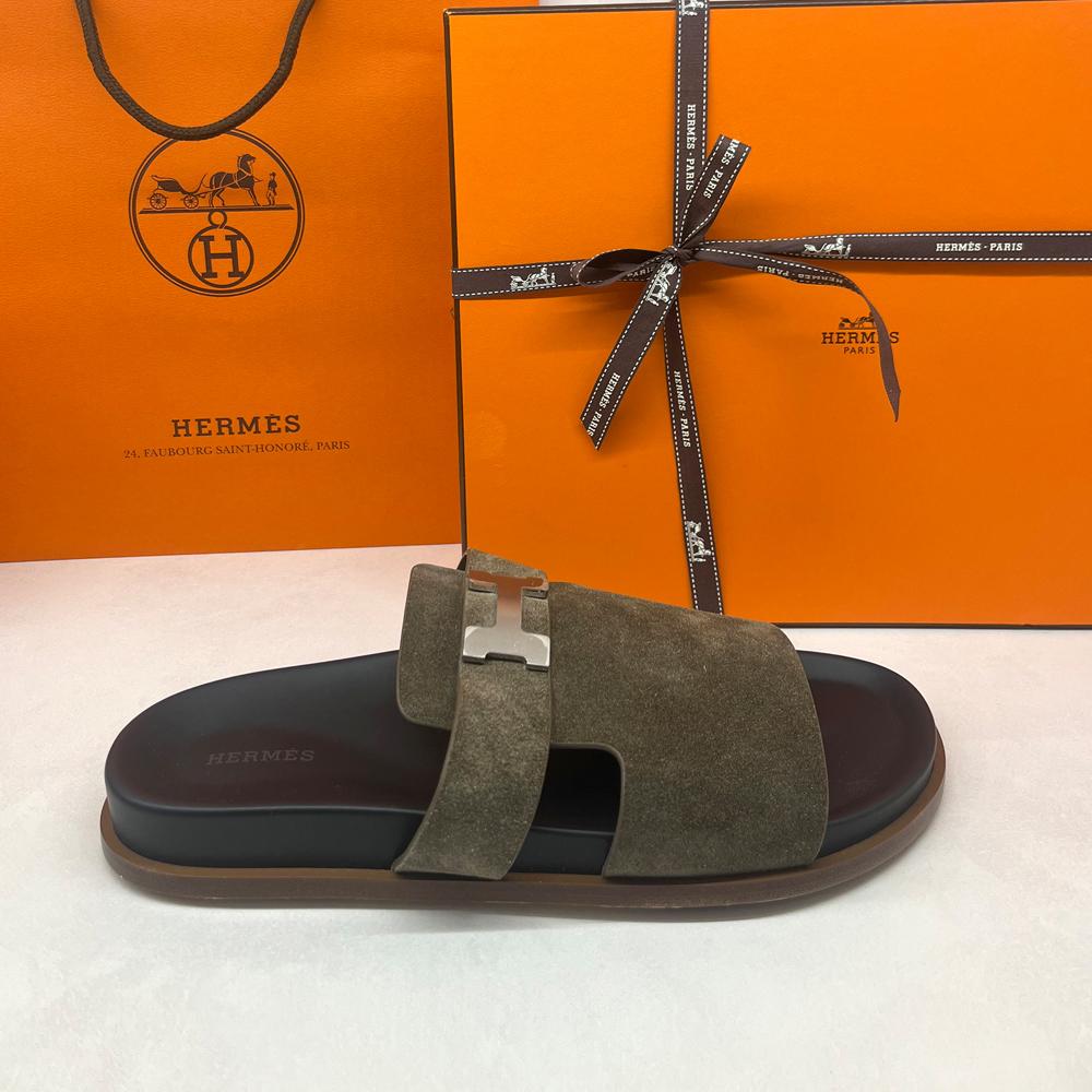 HERMES Suede Calfskin Kelly Buckle Sandals Etoupe Palladium Hardware