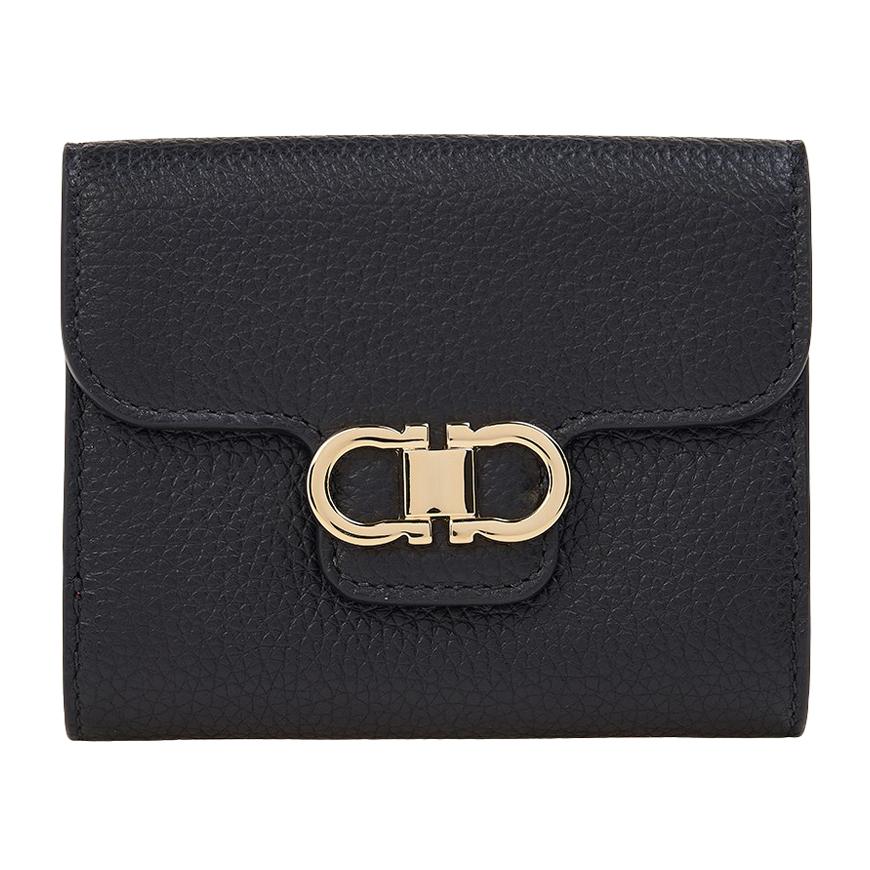 Ferragamo Gancini Compact Bifold Wallet Black Red Women’s Leather