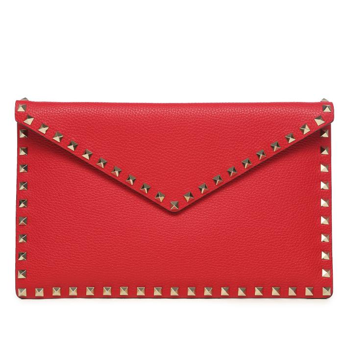 VALENTINO Pebbled Leather Envelope Clutch Bag Women Burgundy