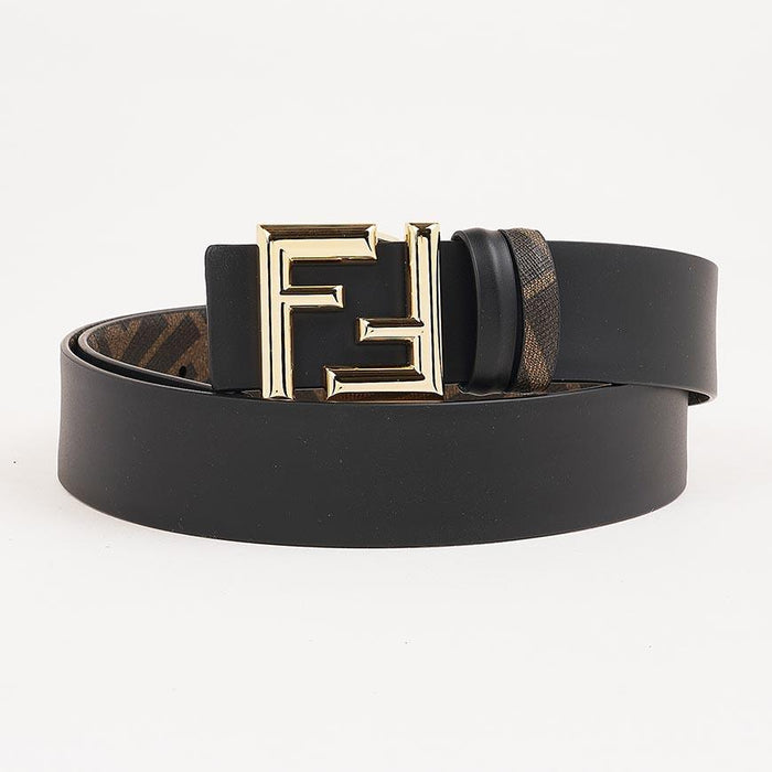 FENDI Men’s FF Logo Round Buckle Leather Belt Black