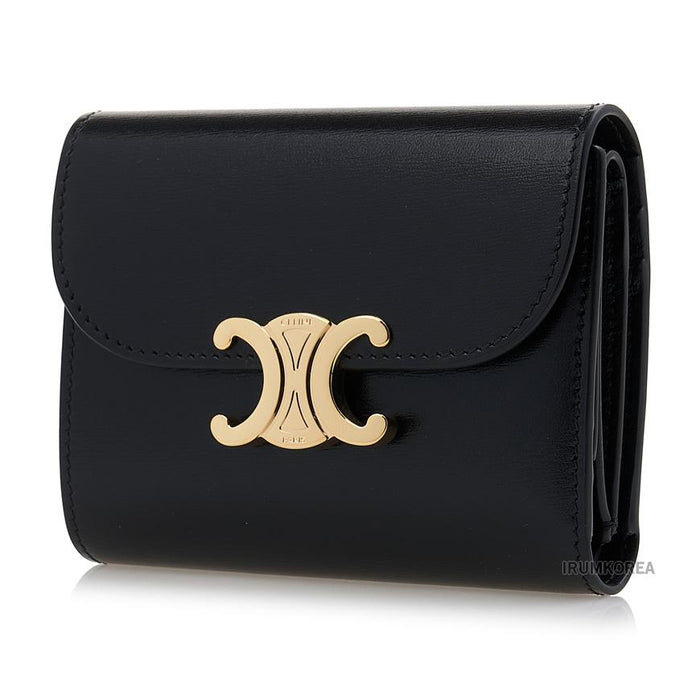 CELINE Triomphe Leather Compact Wallet Black