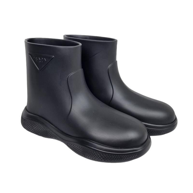 PRADA Black Rubber Ankle Rain Boots with Triangle Logo