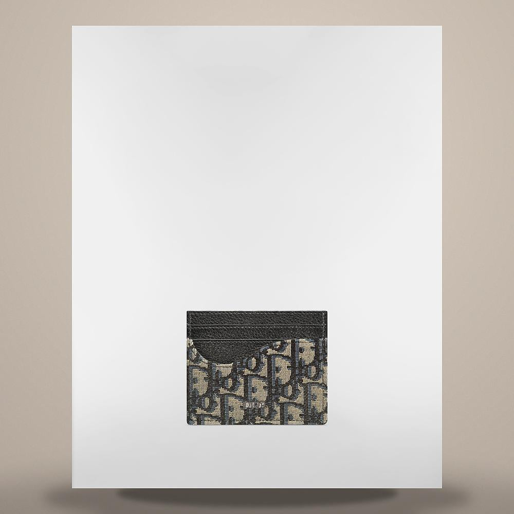DIOR Black Grained Calfskin Saddle Card Holder Beige Black Oblique Jacquard