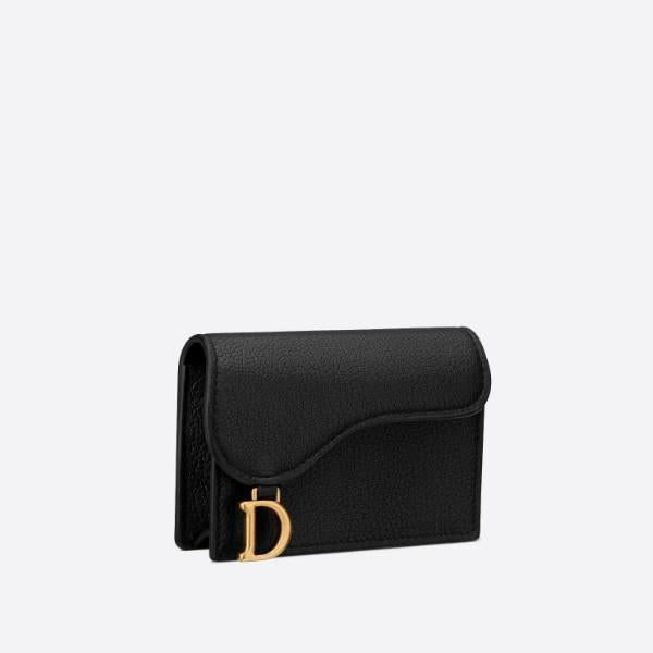 DIOR Saddle Flap Card Holder Black Leather Wallet