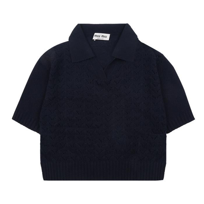 Miu Miu Lace Cashmere Polo T-Shirt Black