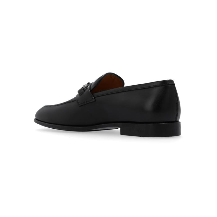 Ferragamo Black Leather Double Gancini Loafers Silver-Tone Hardware 0762636