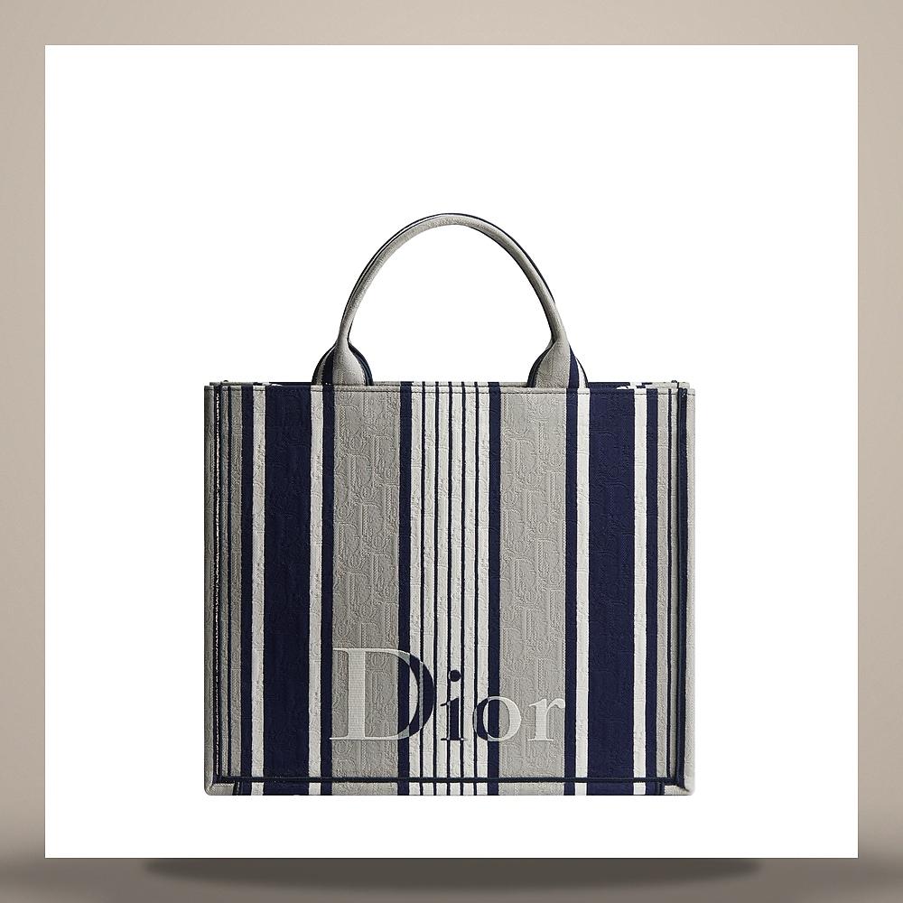 DIOR Gray Blue Oblique Sun Stripe Jacquard Medium Strap Tote Bag 1BTSH299TSSH014