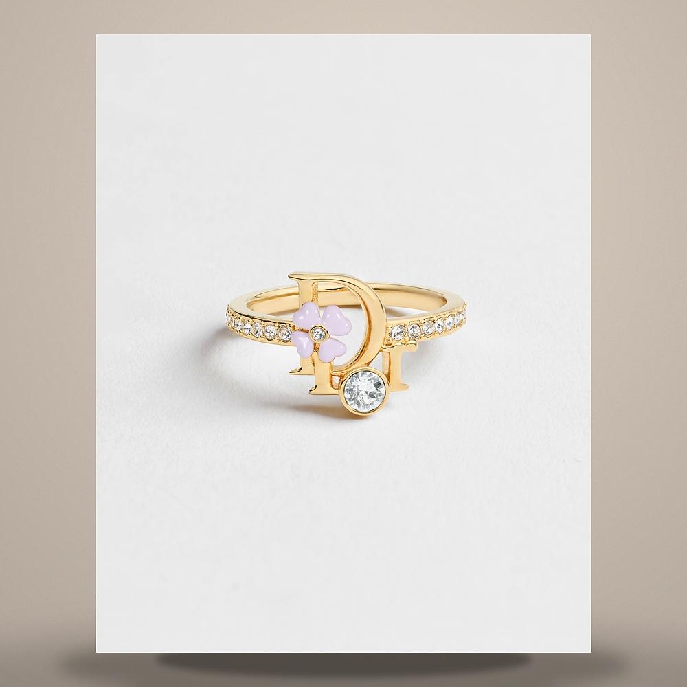 DIOR Precious Clover Ring Gold-Tone Metal Crystal Pink Lacquer R3480WOMLQD216