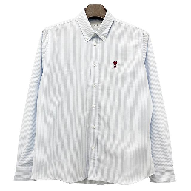 AMI Heart Logo Button-Down Stripe Long Sleeve Shirt