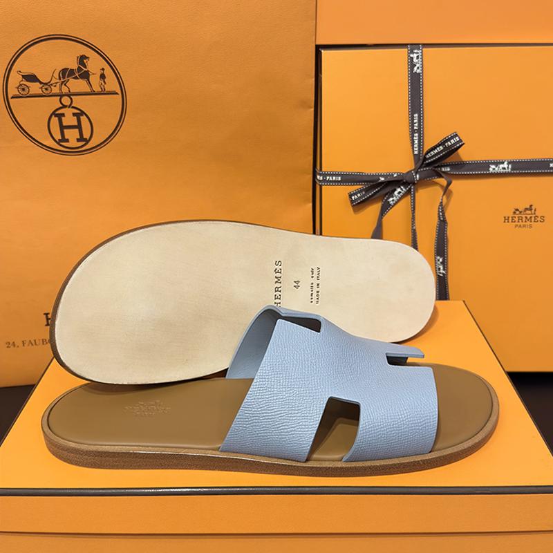 HERMES Izmir Calfskin Sky Blue Brown Two-Tone Men's Sandals