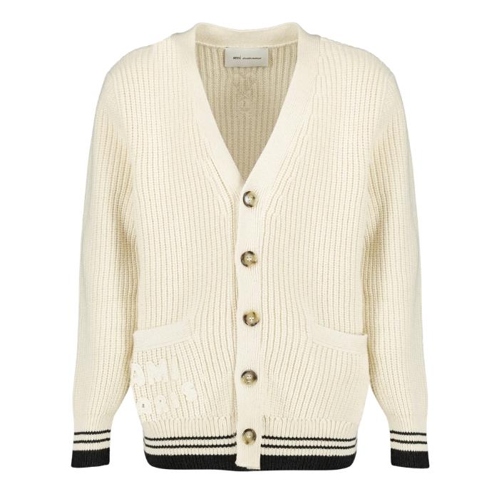 AMI Coeur Heart Patch Cardigan Men Knit Sweater Paris Gray