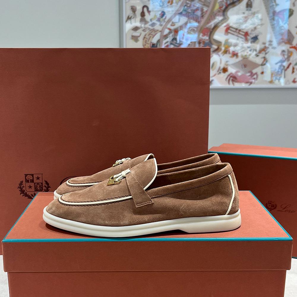 Loro Piana Suede Summer Charms Walk Loafers Brown Gold Charm