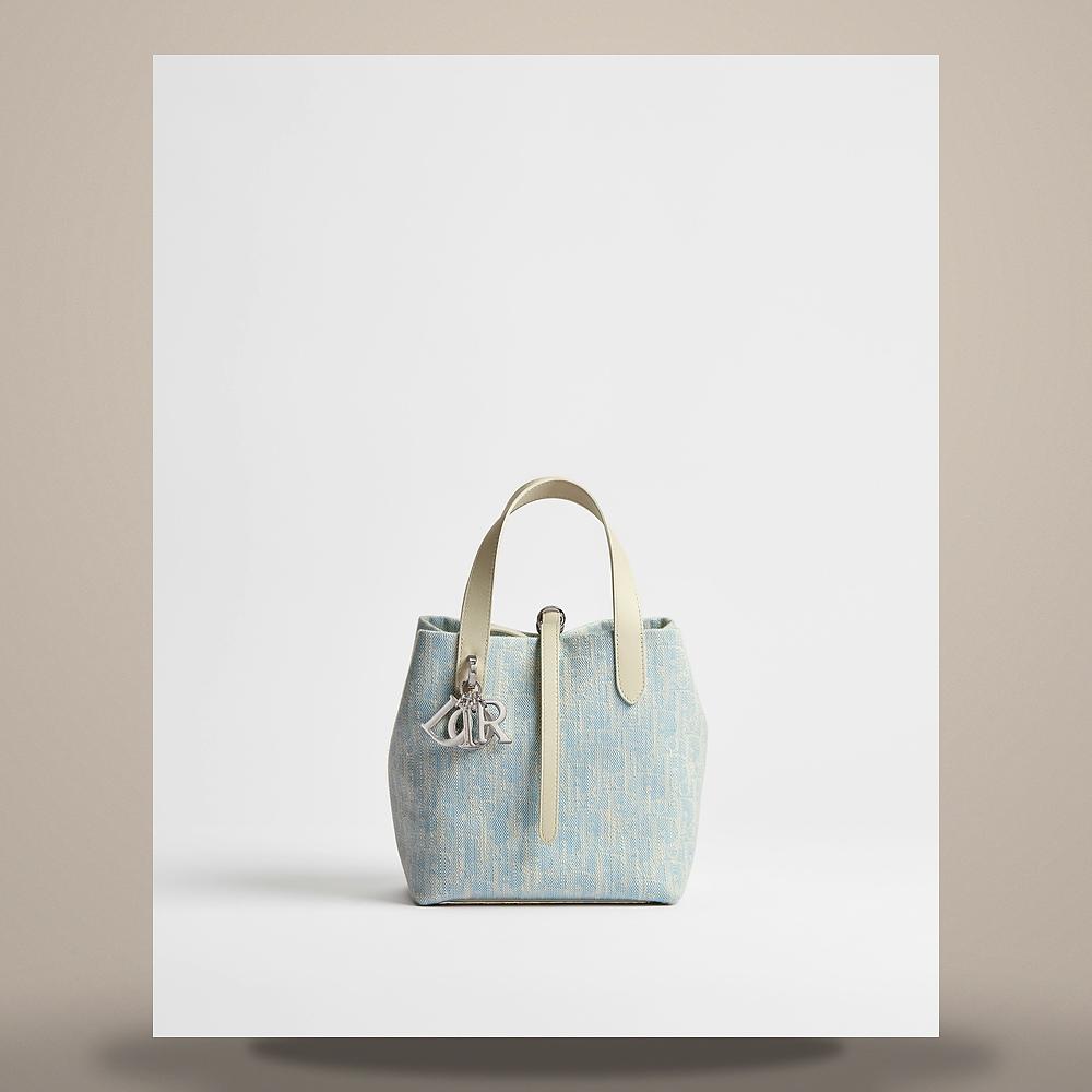 DIOR Celeste Blue Dior Oblique Washed Jacquard Small Vertical Tote Bag