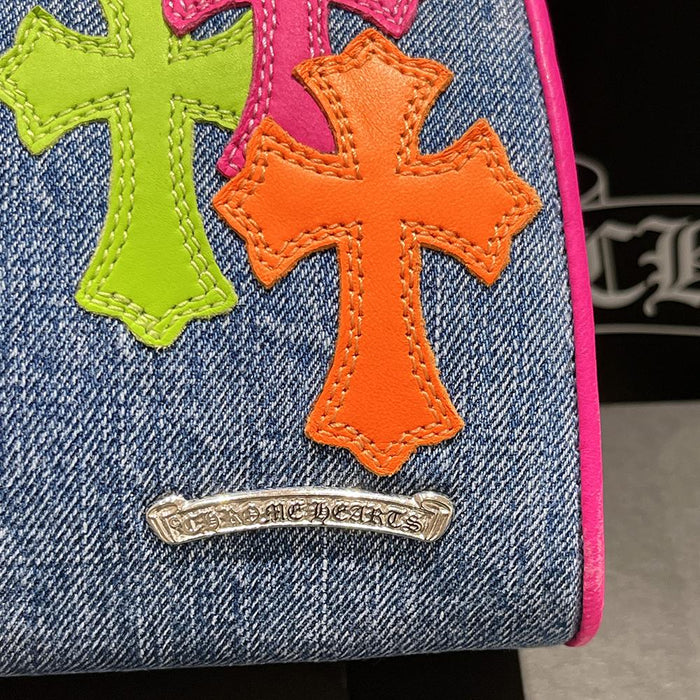 Chrome Hearts Denim Drew Mini Tote Handbag with Multicolor Cross Patches
