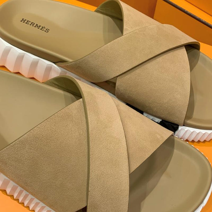 HERMES Beige Calfskin Infra H Slide Sandals for Men