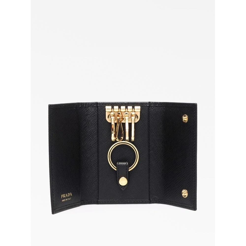 PRADA Triangle Logo Leather Key Case Black