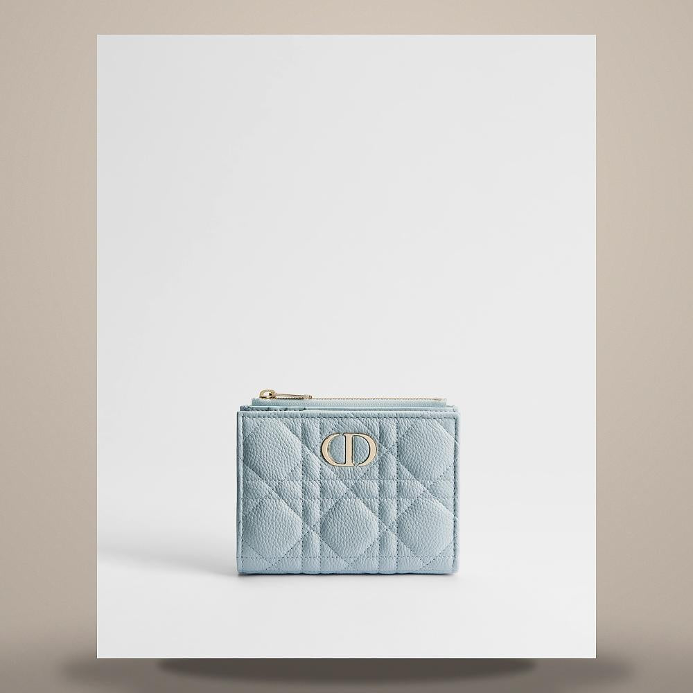 DIOR Ice Blue Cannage Grain Calfskin Dior Caro Dalia Card Holder