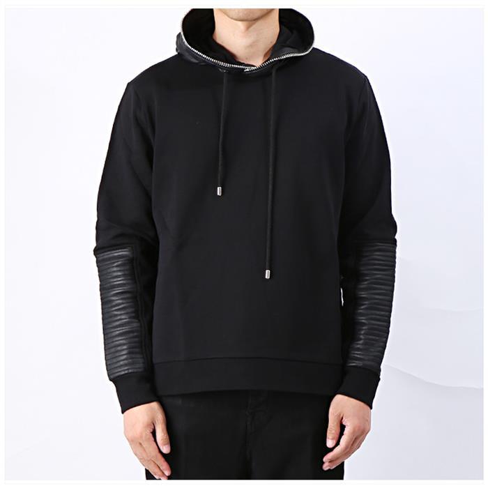 Les Hommes Leather Mix Hooded Sweater