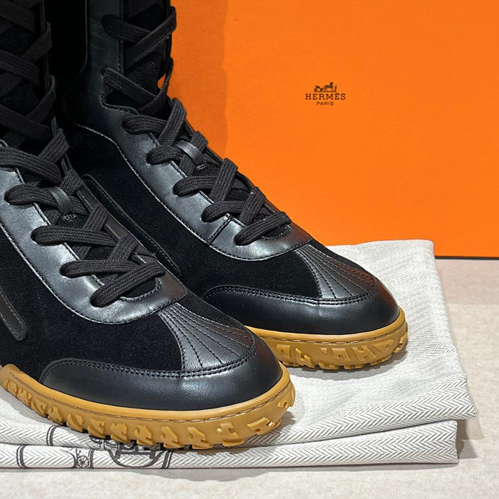 HERMES Black Suede Calfskin Lace-Up High-Top Sneakers