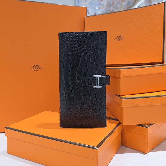 HERMES Black Matte Alligator Bearn Long Wallet Palladium Hardware