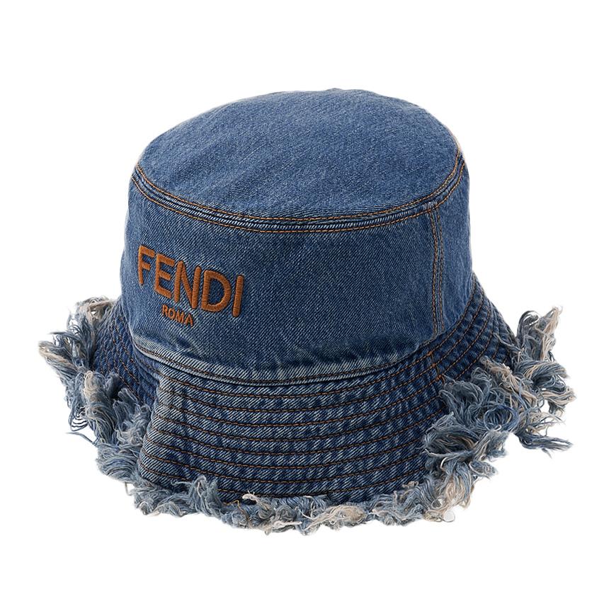 FENDI Unisex Denim Logo Fringe Bucket Hat FXQ963 AN9J F0RU7