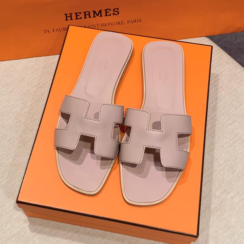 HERMES Oran Sandals Pink Beige Calfskin Women’s Slippers