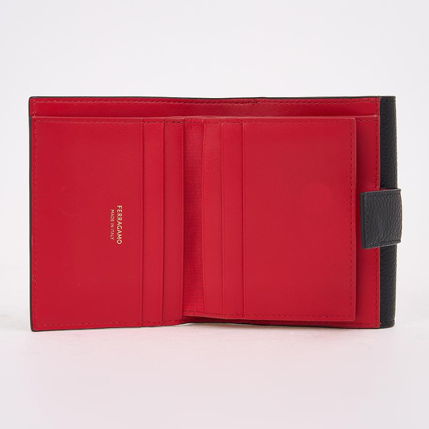 Ferragamo Gancini Compact Bifold Wallet Black Red Women’s Leather