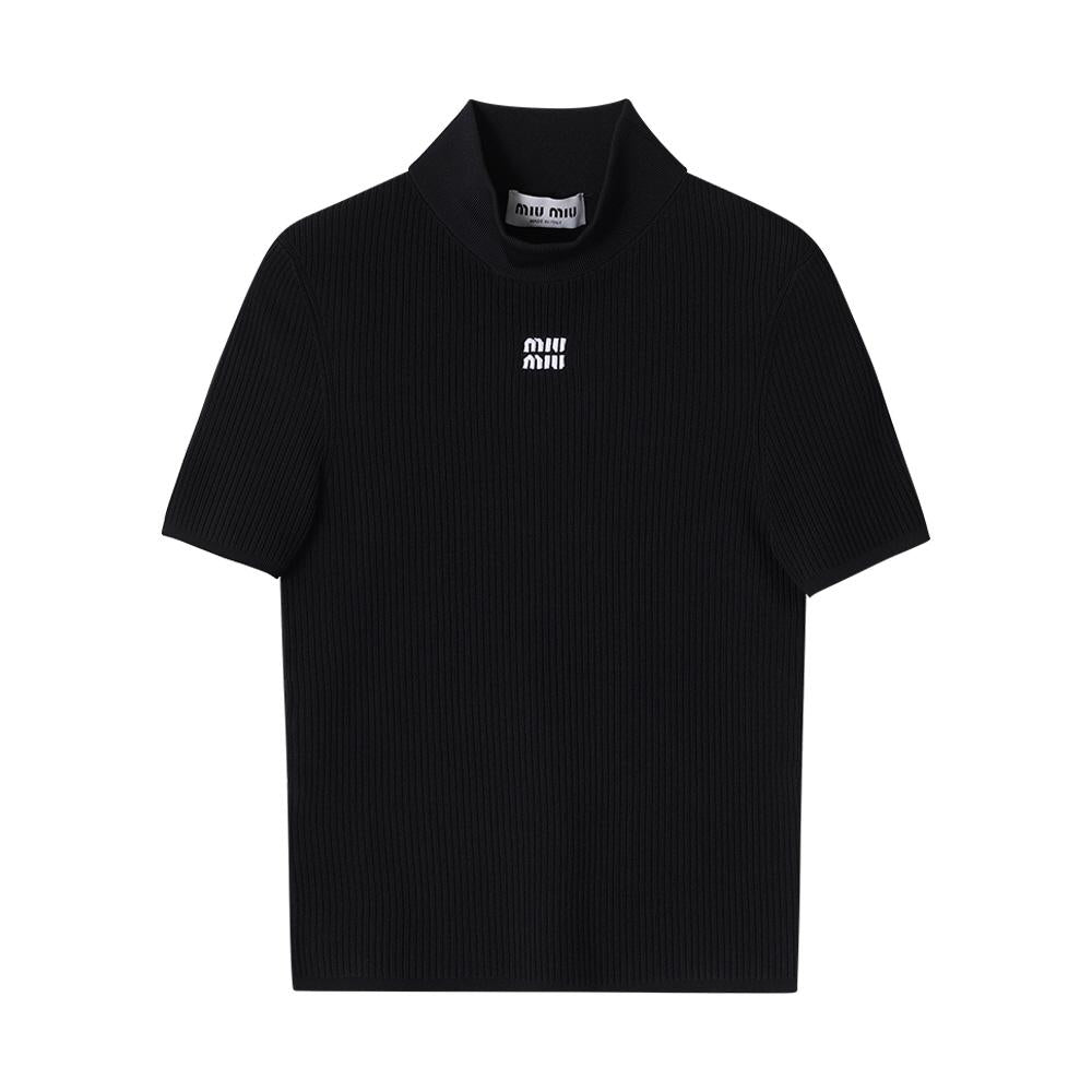 Miu Miu Intarsia Logo Short-Sleeve Turtleneck Knit Sweater Wom MMR440 15BR F0002