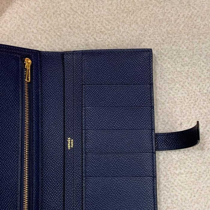 HERMES Blue Epsom Calfskin Béarn Long Wallet Gold Hardware