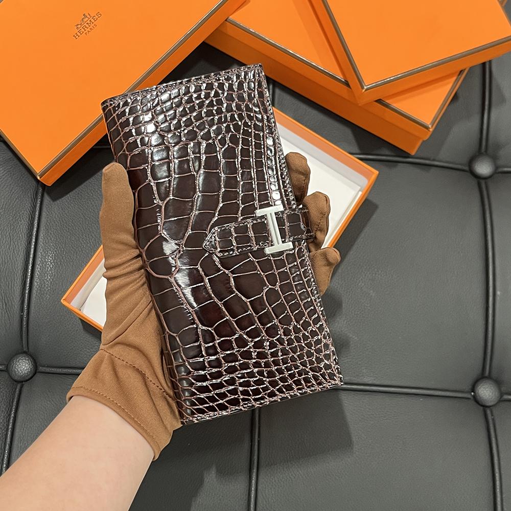 HERMES Deep Brown Shiny Alligator Long Wallet Silver Hardware