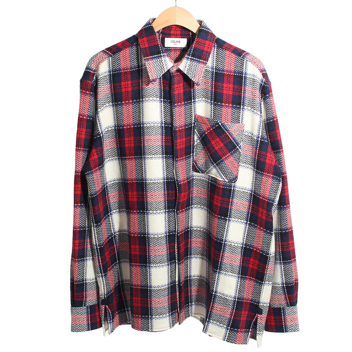 CELINE Black Red Check Cashmere Overshirt Men’s Long Sleeve Shirt