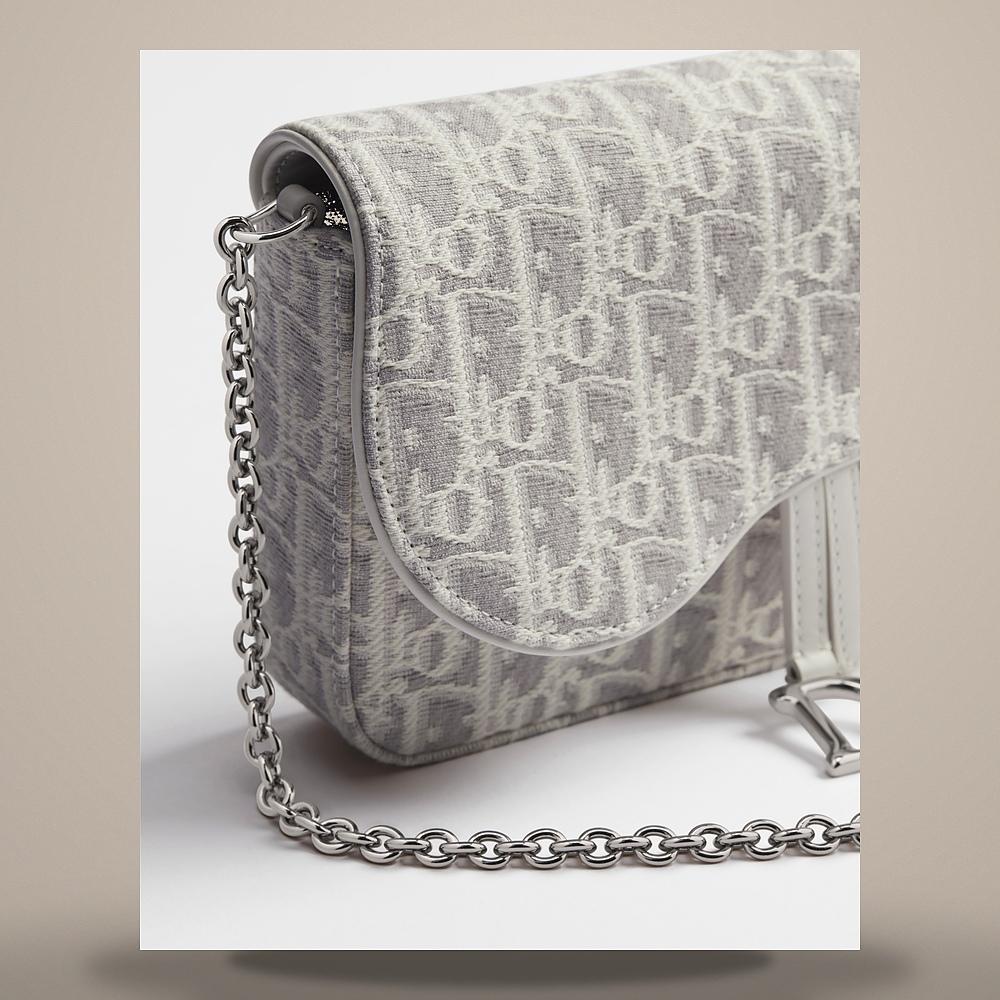 DIOR Latte Gray Oblique Jacquard Saddle Chain Pouch Medium Shoulde S5899PTZQM074