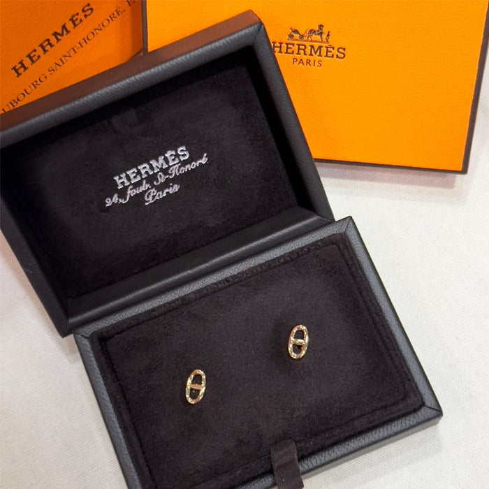 HERMES Rose Gold Blue Mini Earrings Unisex Jewelry
