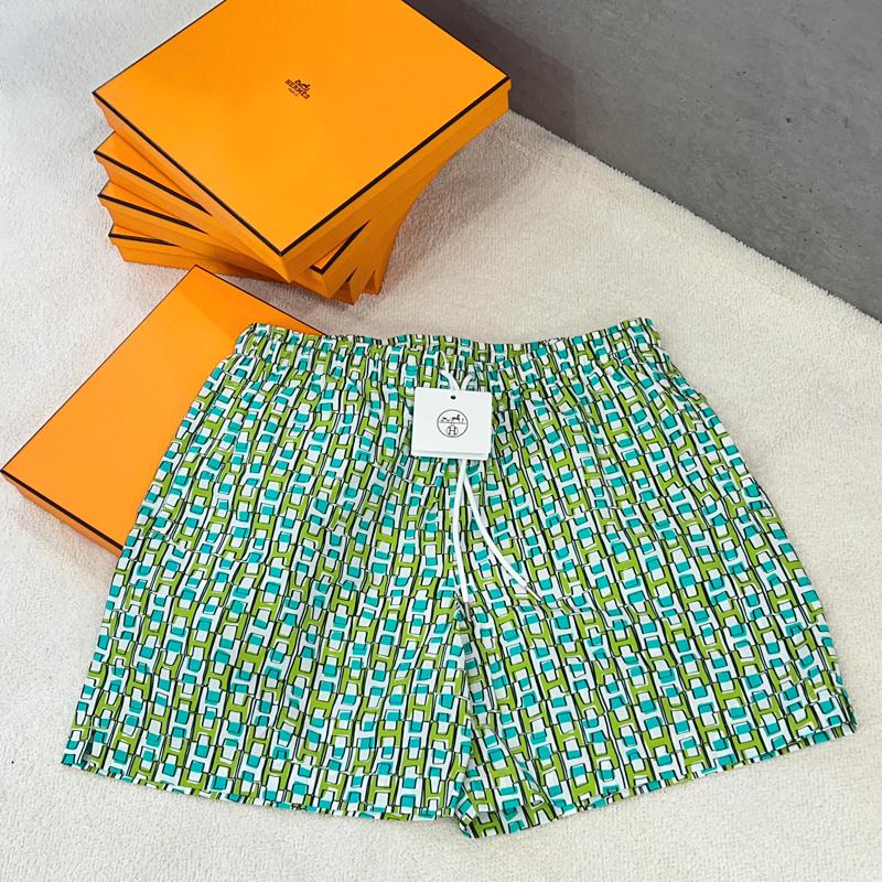 HERMES Quadri H Canvas Long Swim Trunks Green