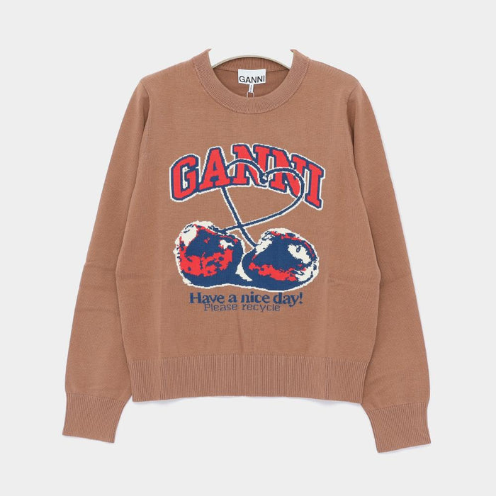GANNI Cherry Graphic Fine Cotton Sweater Women’s Crewneck Knit