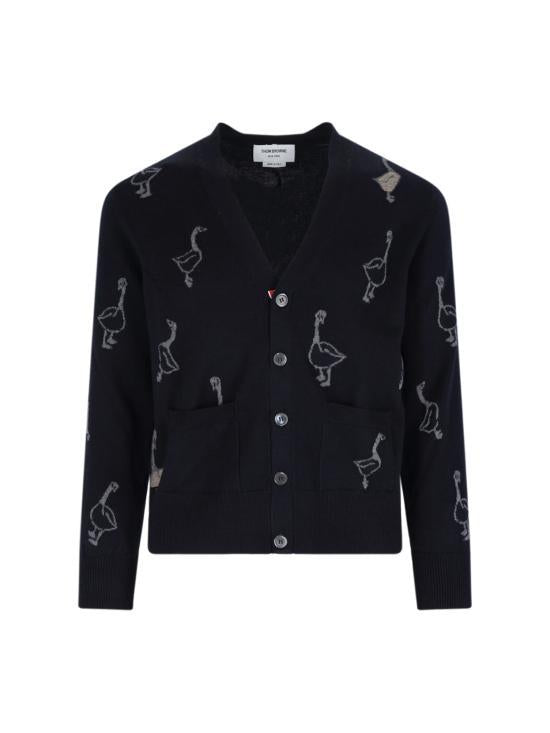 THOM BROWNE Navy Wool Knit Cardigan for Men