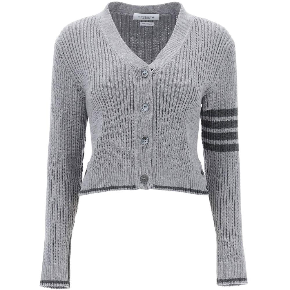 THOM BROWNE 4-Bar Baby Cable Cardigan Gray Wool Knit Women