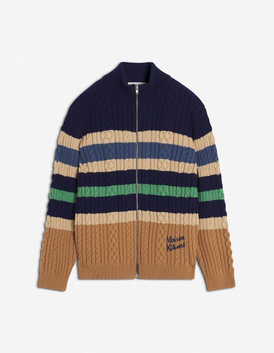Maison Kitsune Stripe Cable Knit Zip Cardigan