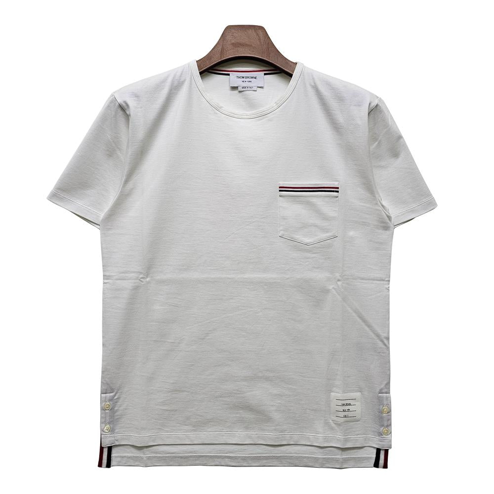 THOM BROWNE Classic Pocket Stripe T-Shirt White Cotton Mens